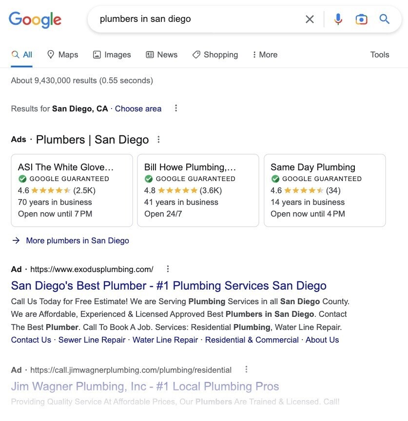 SERP for plumbers in san diego