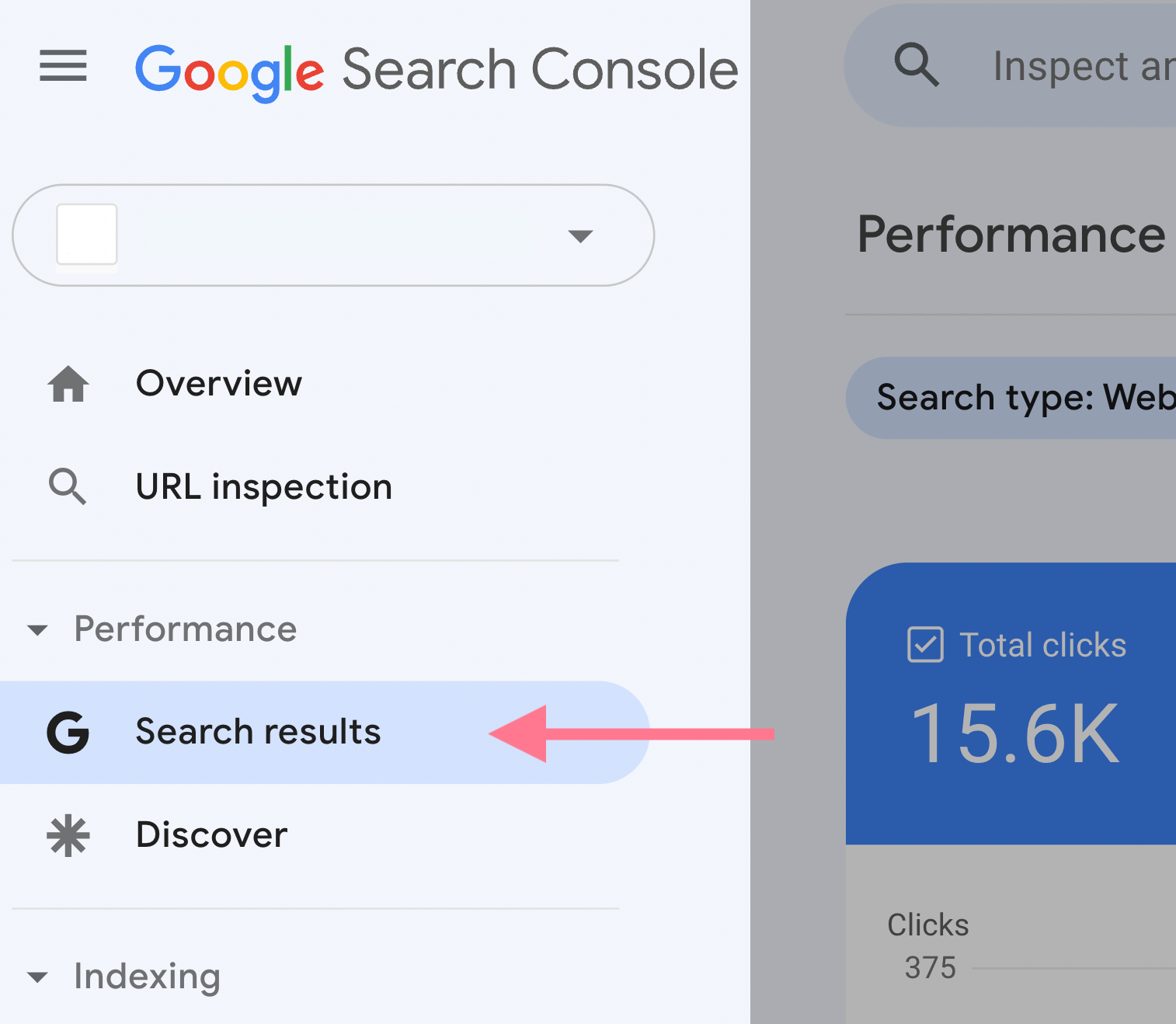 Navigational drawer of the Google Search Console with the "Search results" tab highlighted