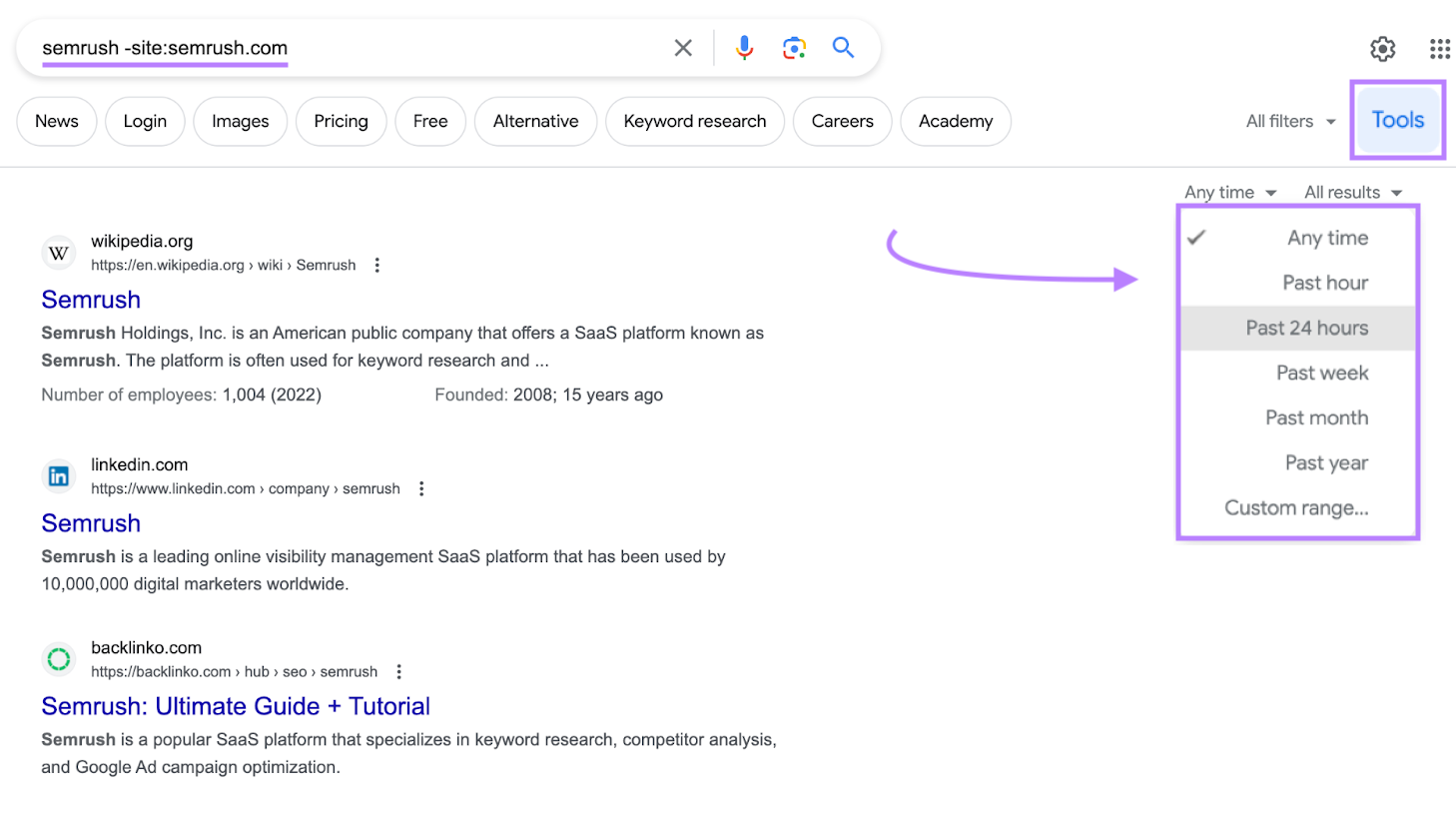“Tools” drop-down menu highlighted on the right side on SERP
