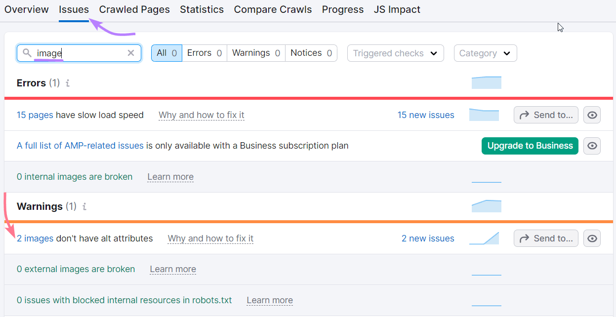 "2 images don't have alt attributes" identified under Site Audit's "Issues" tab