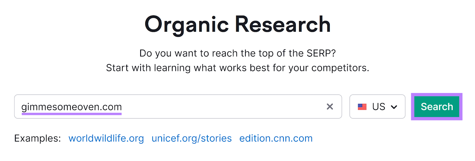 Semrush Organic Research tool start with domain entered and Search button highlighted