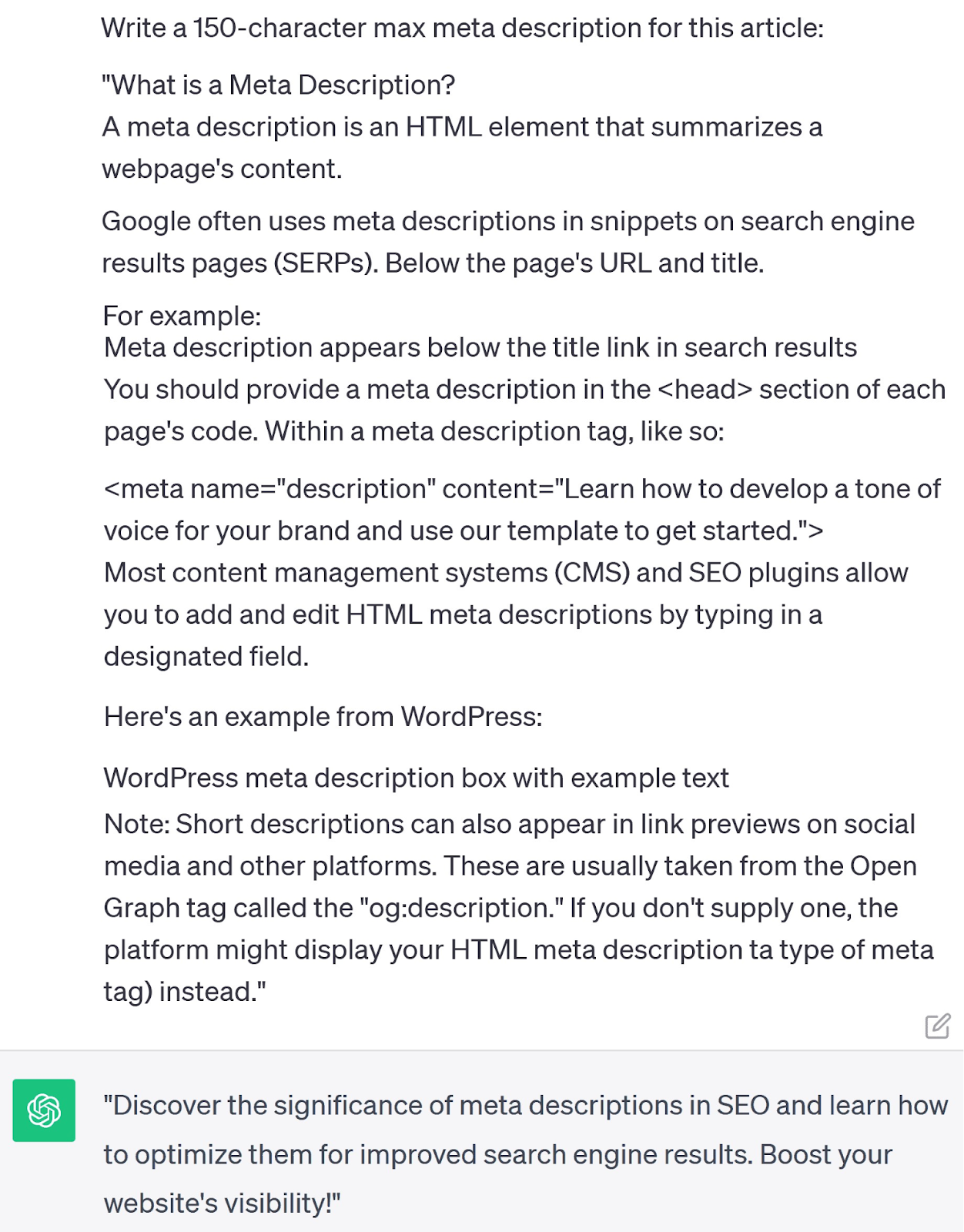 A prompt asking ChatGPT to write a meta description for an existing article