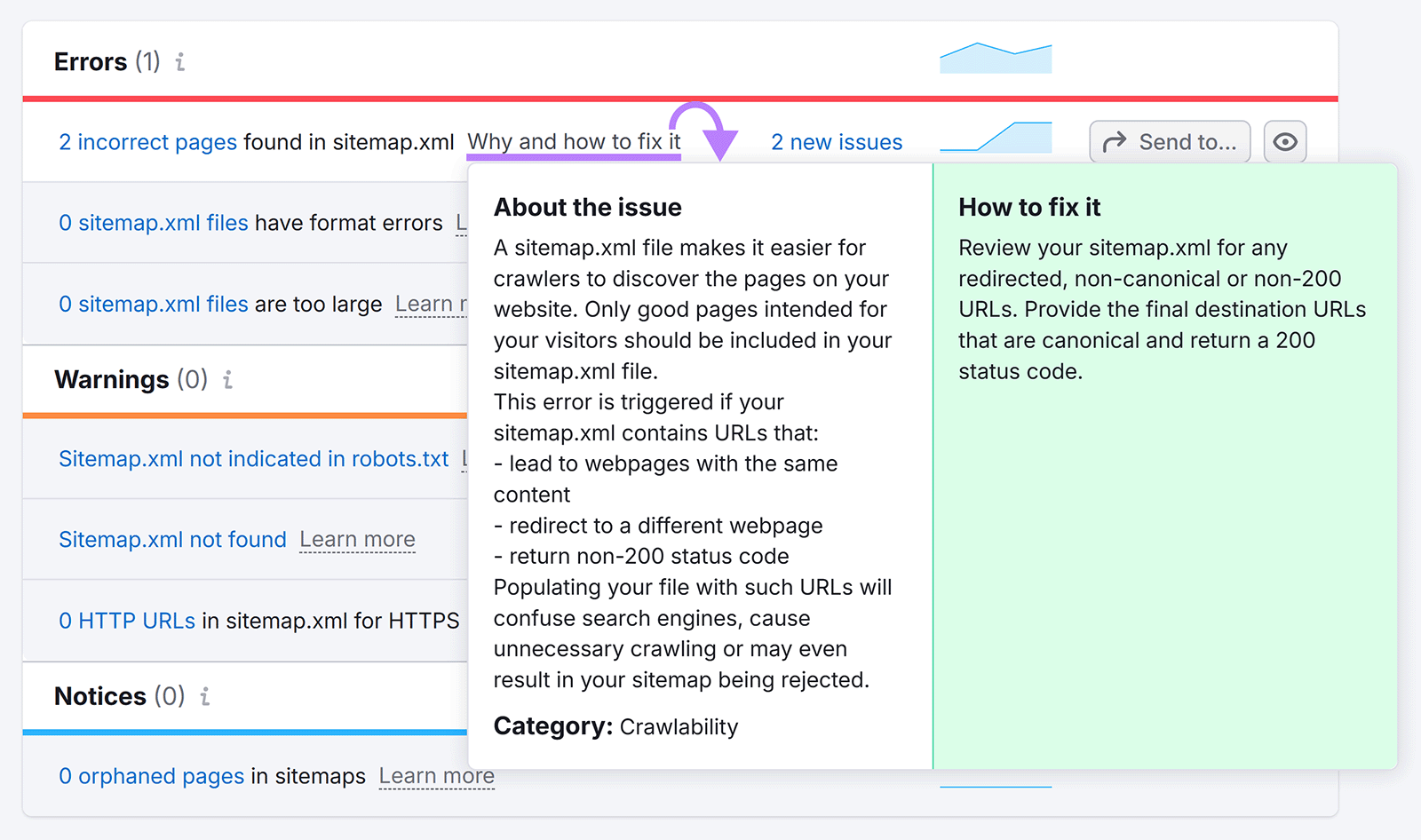 Why and how to fix it hyperlink clicked to reveal popup with issue details for incorrect pages found in sitemap error