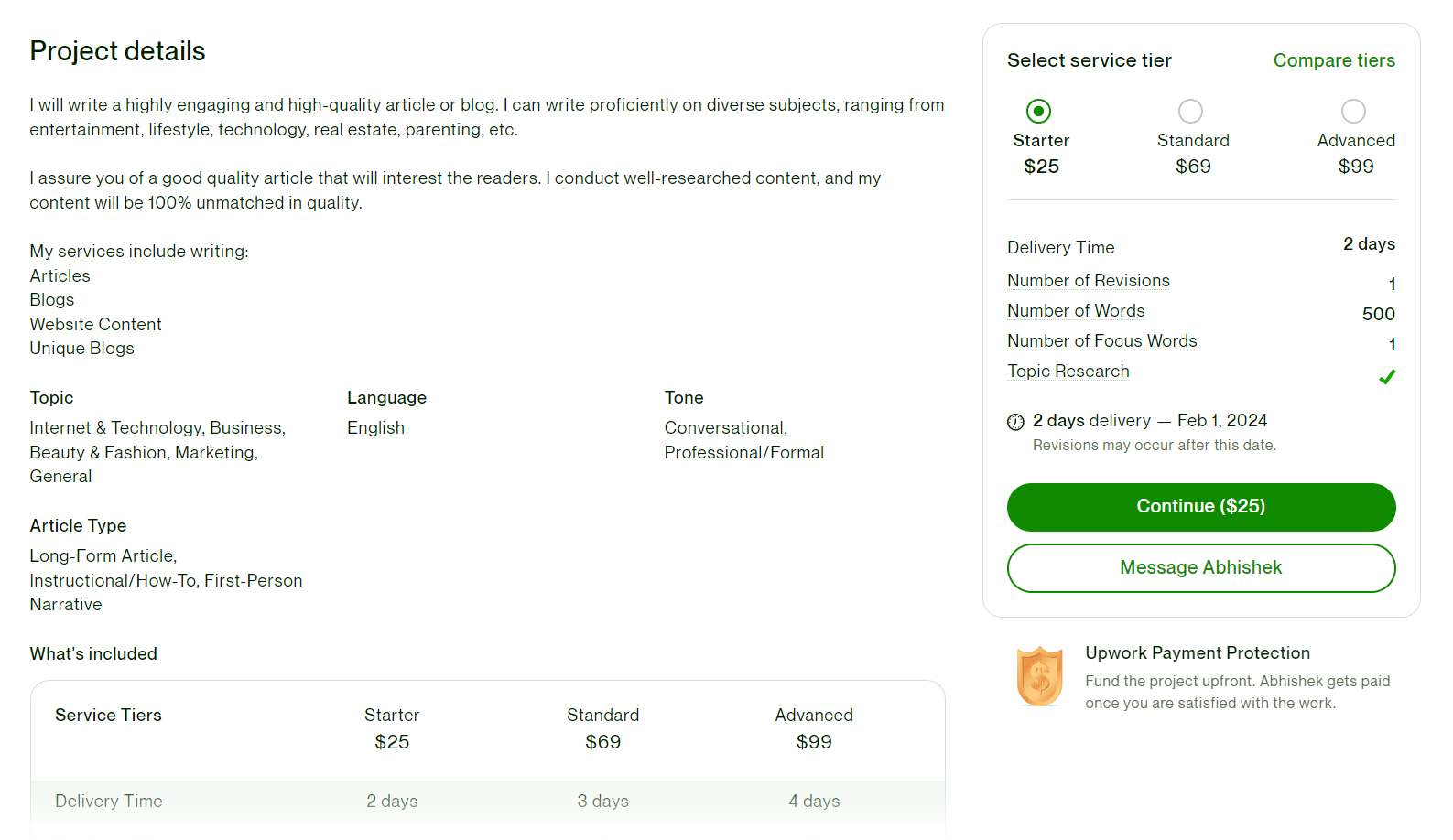 A "Project details" page for a selected project in Upwork
