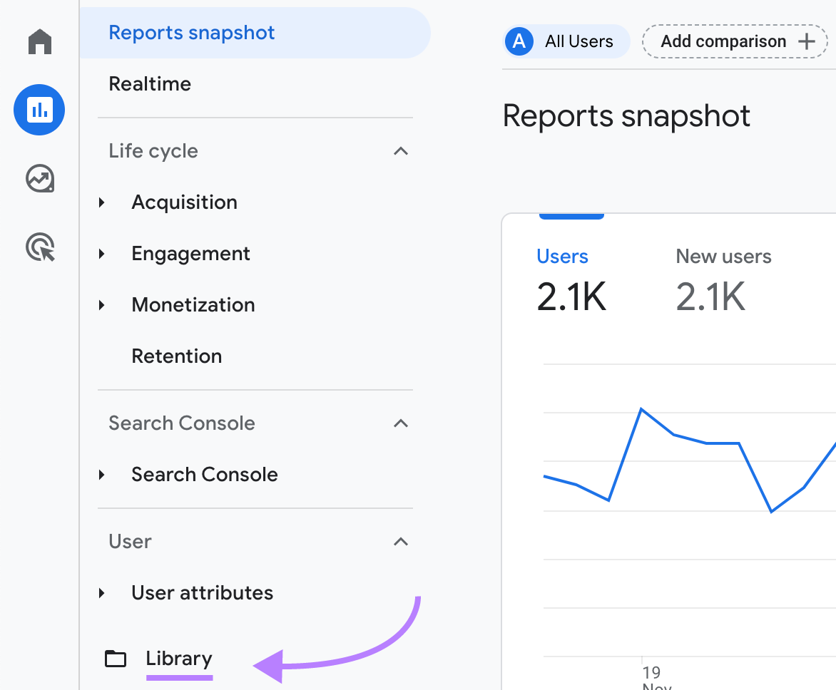 Navigating to "Library" successful  GA4 menu