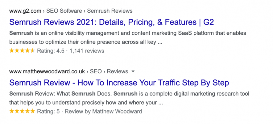 semrush reviews rich snippet example