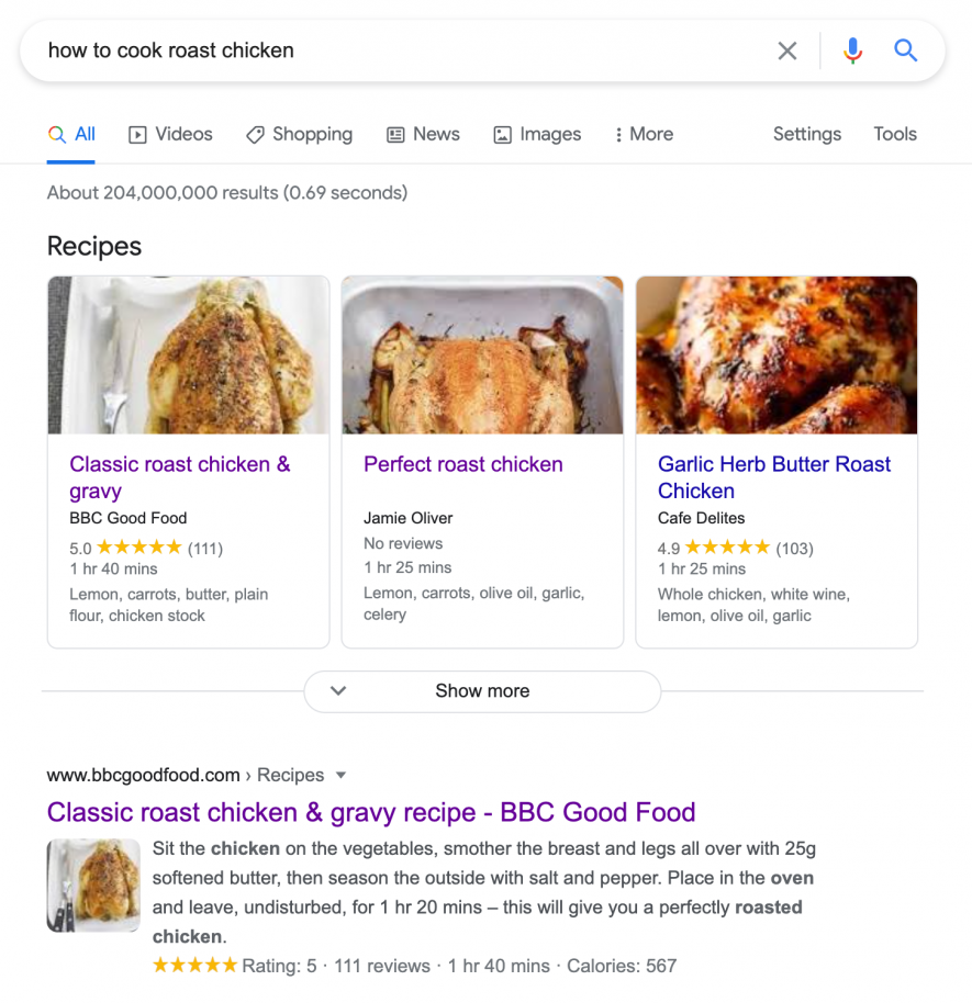 recipe snippet on serp