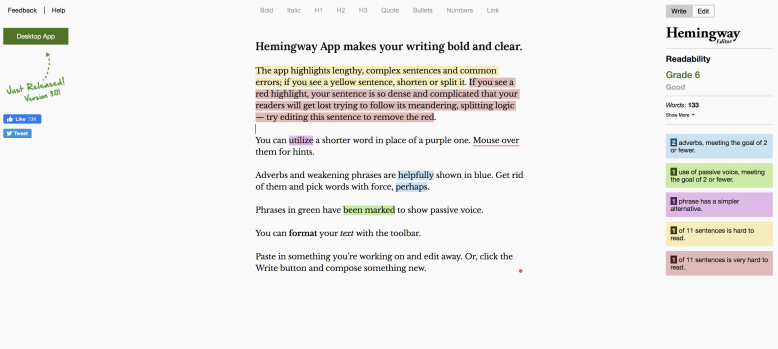 Hemingway app příklad