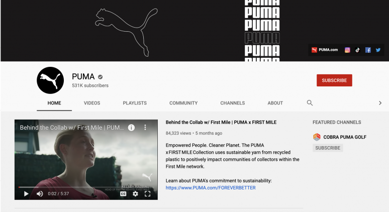 Página de youtube y tráiler de canal de PUMA shoes