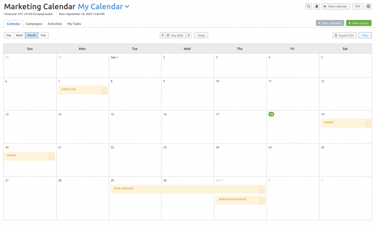 Screenshot des Marketingkalenders