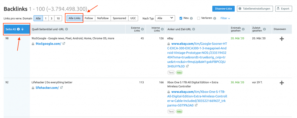 Linkbuilding: Alle Backlinks und Authority Score