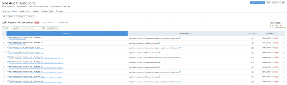 Showing broken internal links in site audit report