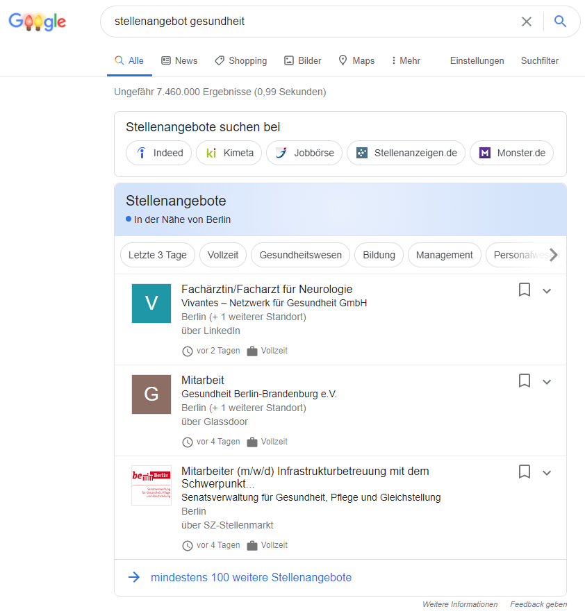 SERP-Funktion Stellenangebote