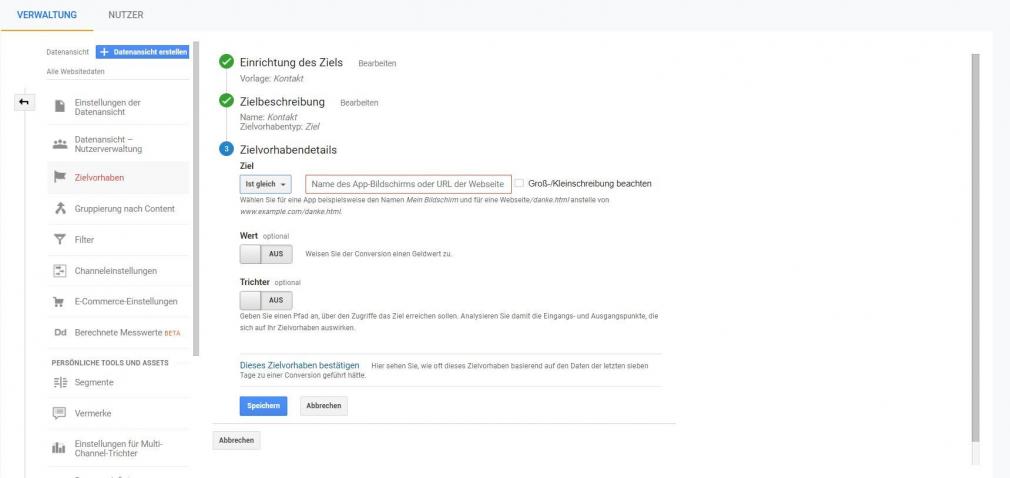 Google Analytics: Zielvorhabendetails