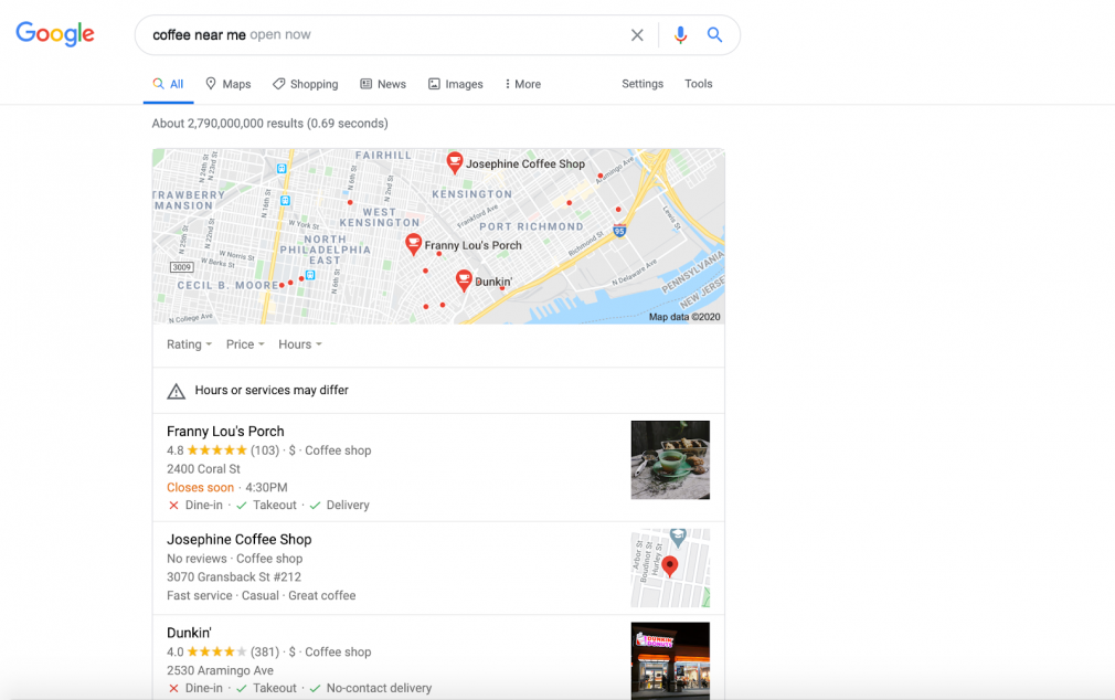 Google Local Pack search results