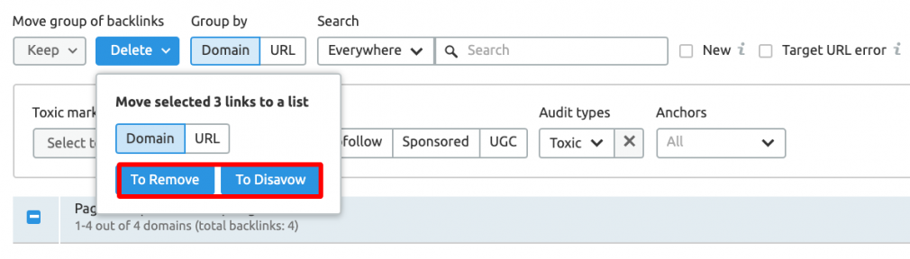 Link removal options in tool