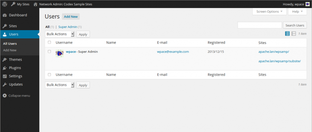 A screenshot of the WordPress admin screen, showing the user management screen.