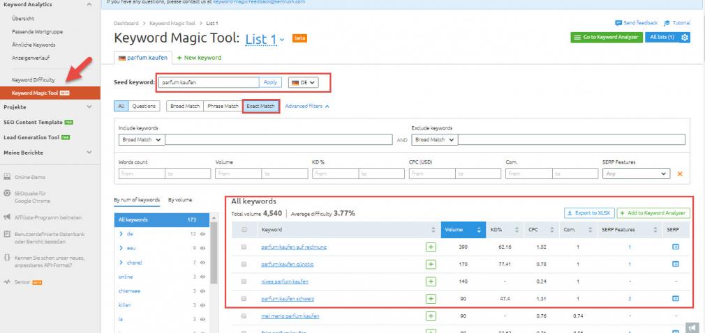 Keyword Magic Tool von SEMrush