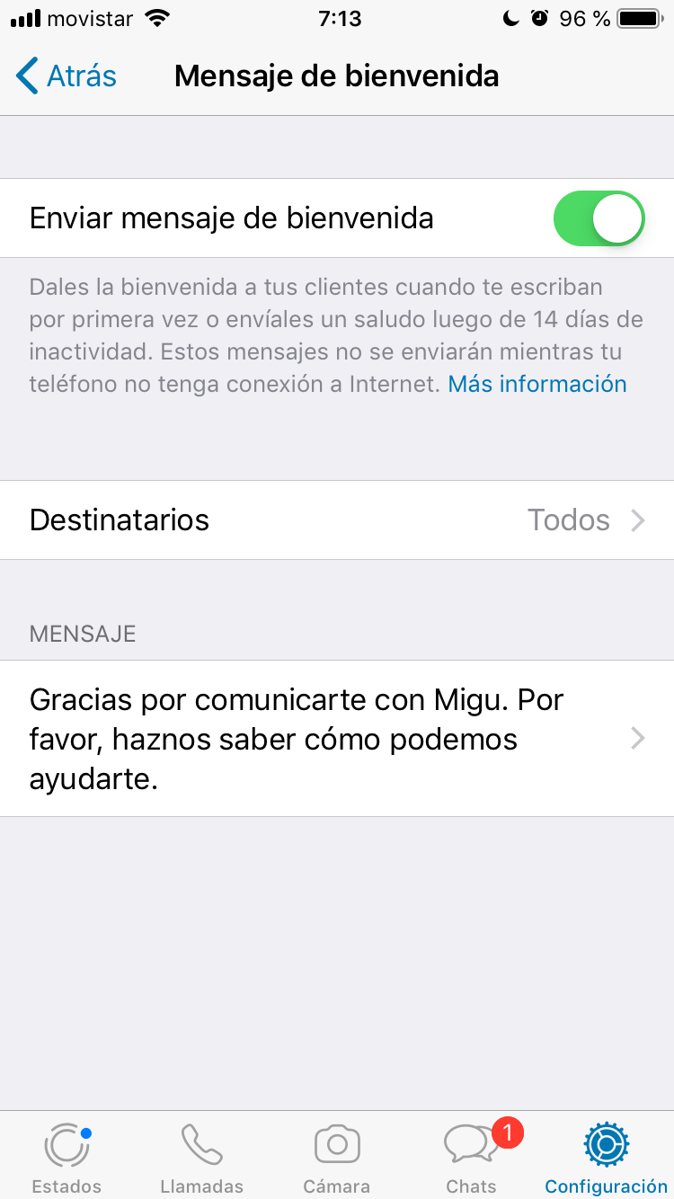 Mensaje de bienvenida en Whatsapp Business
