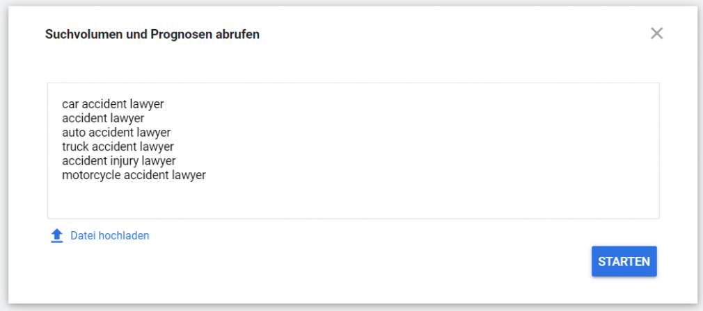 Google Ads Keyword-Planer: Liste von Keywords eingeben