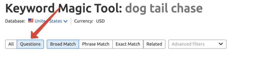 SEMrush keyword magic tool to find questions