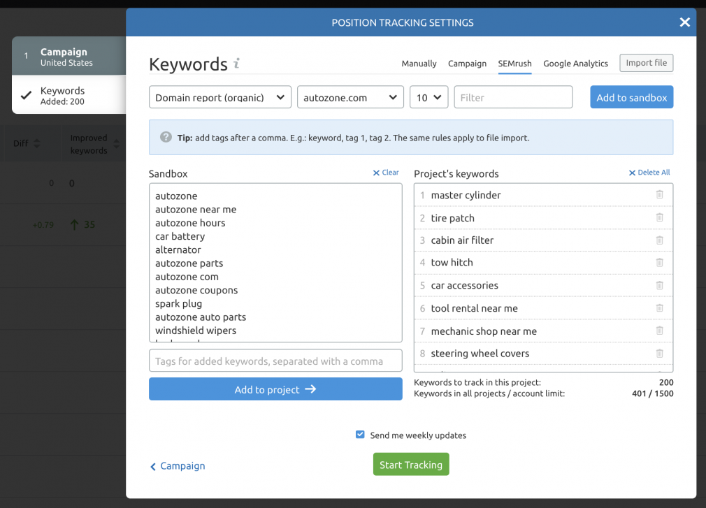 Adding Keywords to the Position Tracking tool options