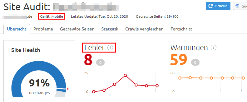 SEMrush Site Audit findet Fehler