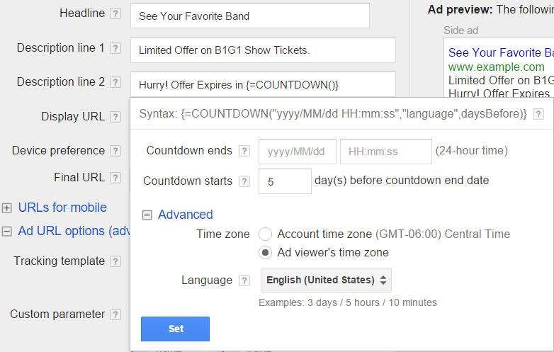 set up adwords countdown 2