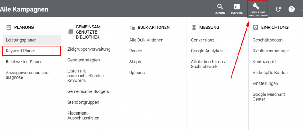 Google Ads Keyword-Planer: Menüpfad