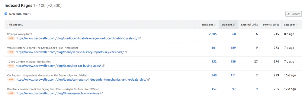 Linked 404s screenshot