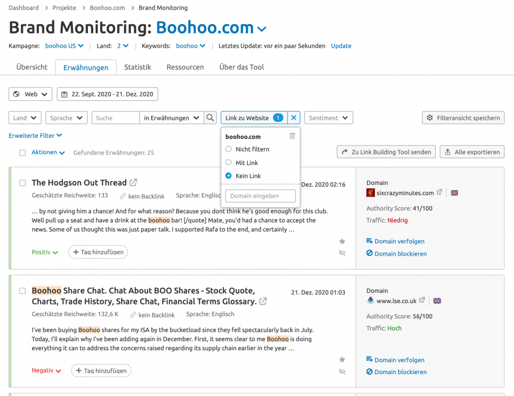 SEMrush Brand Monitoring zum Finden von Links Beispiel