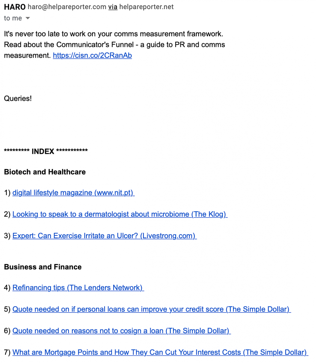 A screenshot of a HARO email