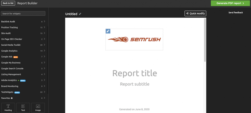 Customizable SEO report options from SEMrush