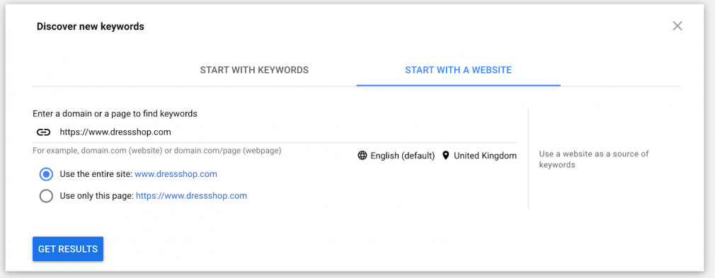 Keyword planner finding keywords with a website