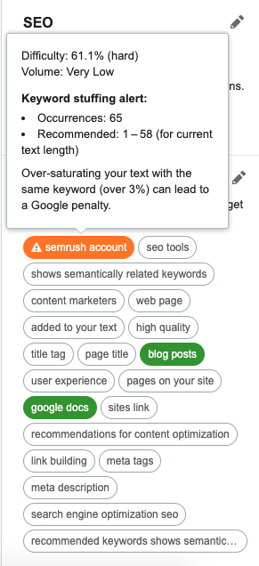 SEO Writing Assistant keyword stuffing alert
