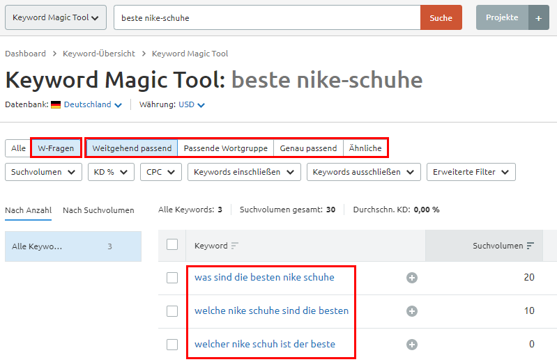 W-Frage-Keywords im Keyword Magic Tool