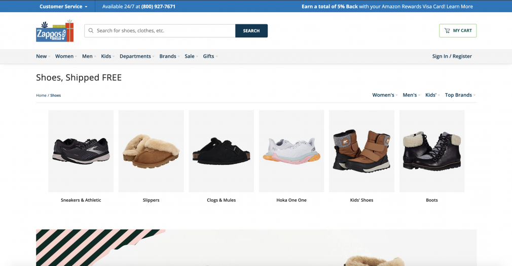 Zappos Shoes page screenshot