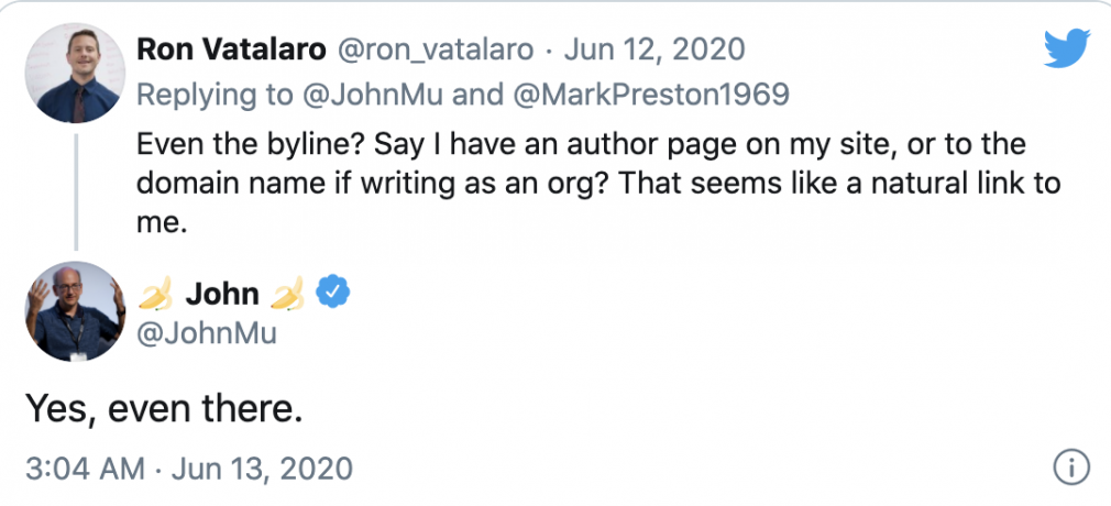 John Mu's tweet about links in bylines