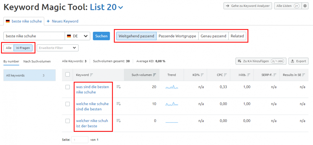 SEMrush Keyword Magic Tool W-Fragen