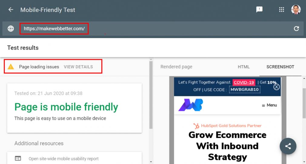 Google mobile friendly test results