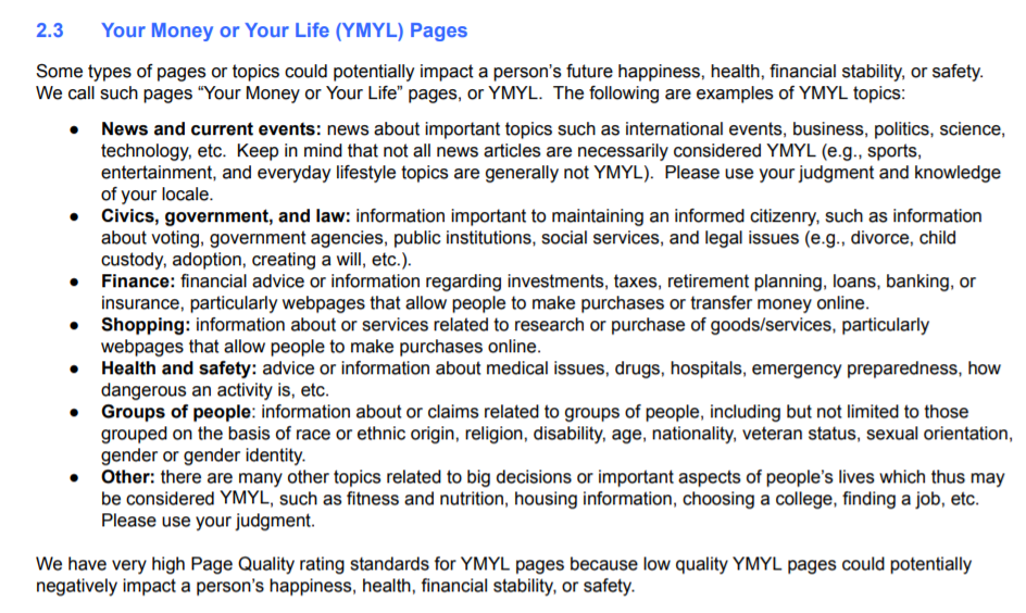 google your money your life categories
