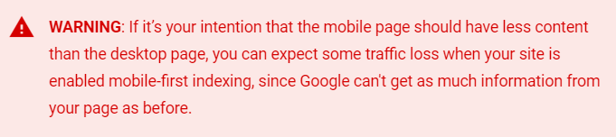 different content on desktop and mobile warning Google
