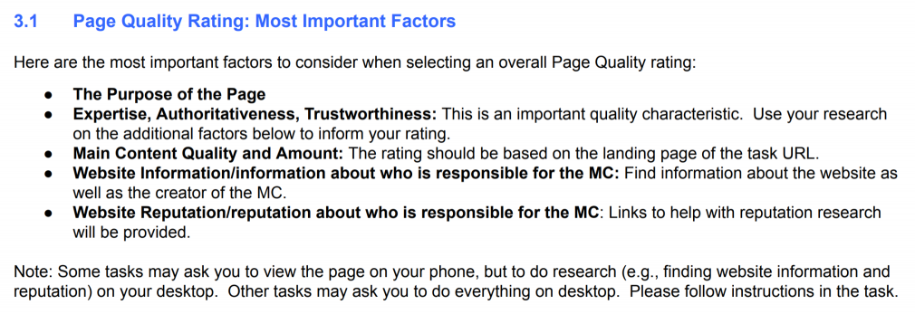 Google page quality rating factors