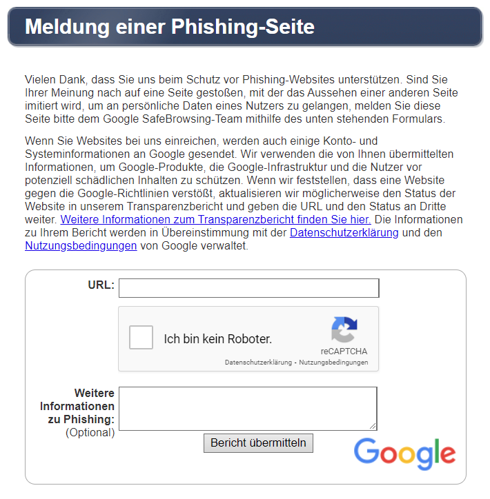 Phishing melden über Google Safe Browsing