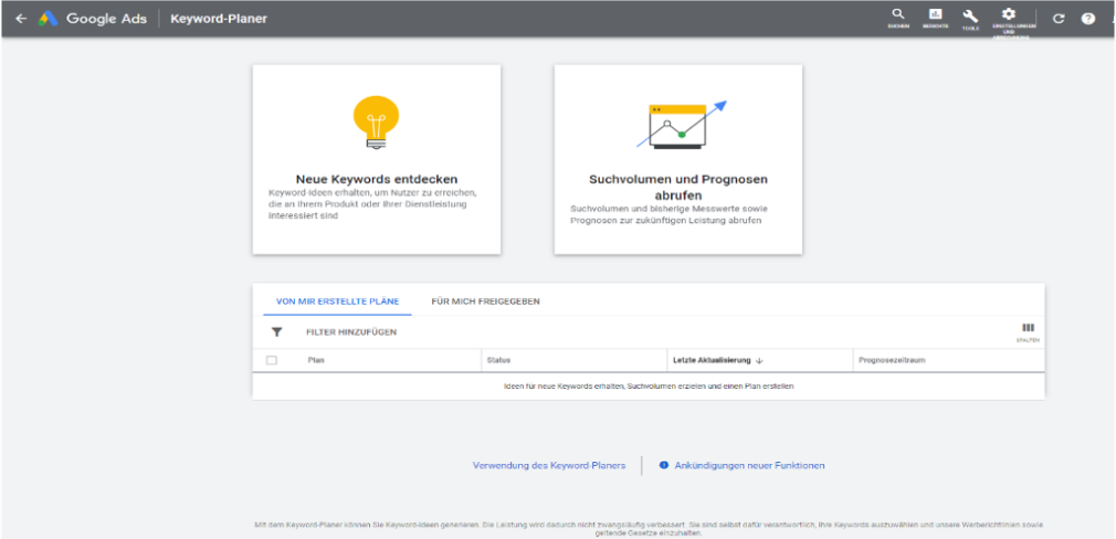 Keyword-Planer Optionen