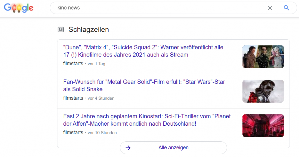 SERP-Funktion Schlagzeilen