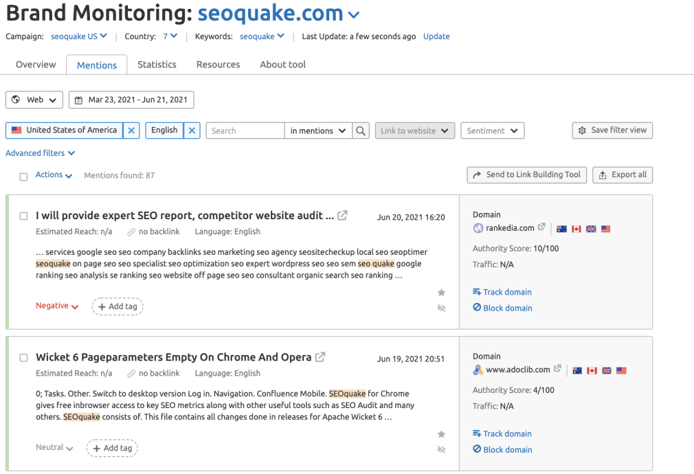 Zoomed Brand monitoring Semrush