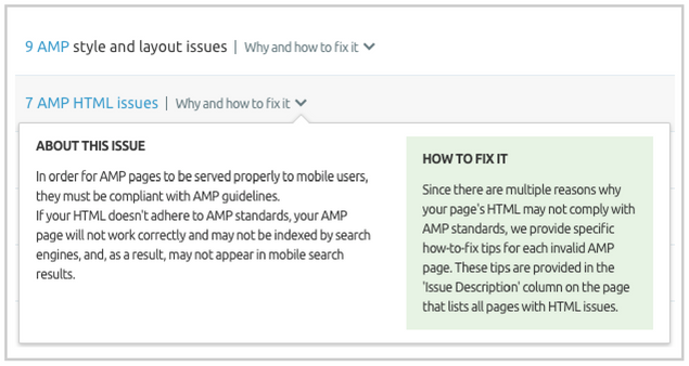 SEMrush Site Audit: AMP Mistakes