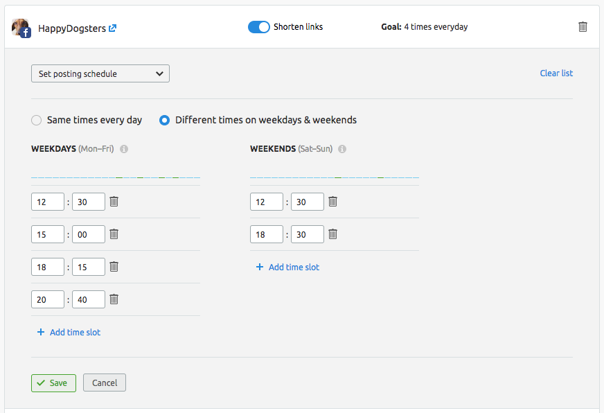 custom posting schedule semrush