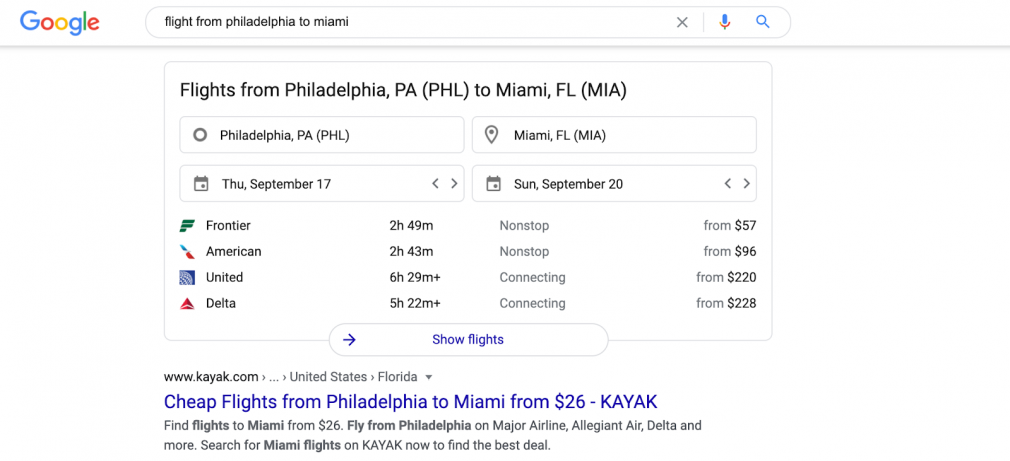 Google Flights SERP feature
